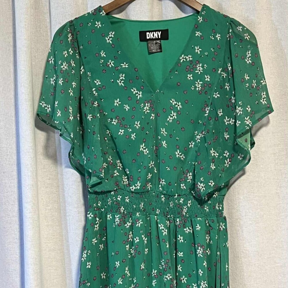 DKNY Green Floral Flutter Sleeve Midi Dress Size 8